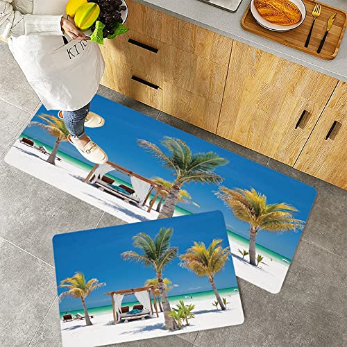 Küchenteppich Teppich Läufer Küchenläufer 2 Stück rutschfest,Tropisch, Strandbetten unter Palmen Paradies Küste Urlaub Sommer Ozean Sonnen Bild, Multic, Waschbar für Flur Küche 40 x 100 cm+40 x 60 cm von ORTHODRYL