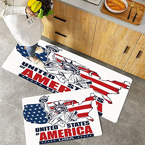 Küchenteppich Teppich Läufer Küchenläufer 2 Stück rutschfest,USA Karte, Vereinigte Staaten von Amerika Typografie Freiheitsstatue Icon Illustration Dek, Waschbar für Flur Küche 40 x 100 cm+40 x 60 cm von ORTHODRYL