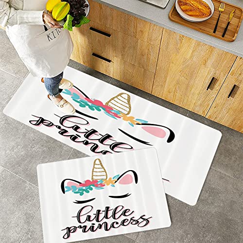 Küchenteppich Teppich Läufer Küchenläufer 2 Stück rutschfest,Zitat, Illustration der kleinen Prinzessin Zitat mit bunten Einhorn Gliederung fantastisch, Waschbar für Flur Küche 40 x 100 cm+40 x 60 cm von ORTHODRYL