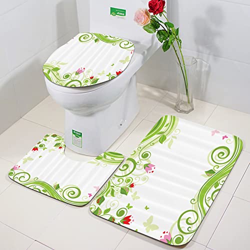 Rutschfeste Badematten 3 teiliges Set,Grüne Blume, blühende abstrakte Elemente wirbelt Frühling Laub Illustration,Hohe Wasseraufnahme, weiche Mikrofaser, WC-Vorleger, WC-Sockelmatte, maschinenwaschbar von ORTHODRYL