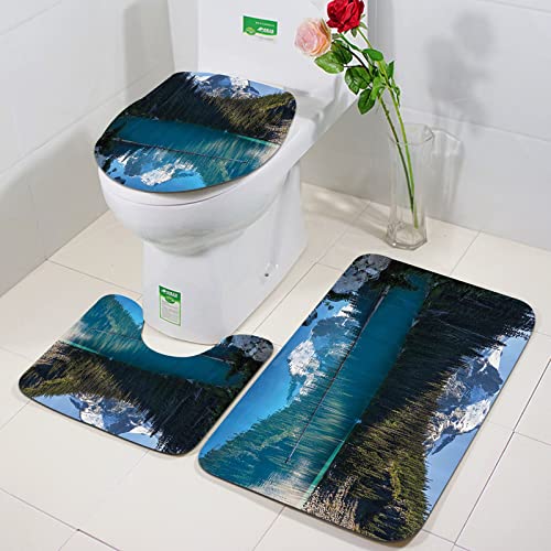 Rutschfeste Badematten 3 teiliges Set,Lake Set, See im Norden Kanadas mit schmalen Bäumen und verschneitem, gefro,Hohe Wasseraufnahme, weiche Mikrofaser, WC-Vorleger, WC-Sockelmatte, maschinenwaschbar von ORTHODRYL