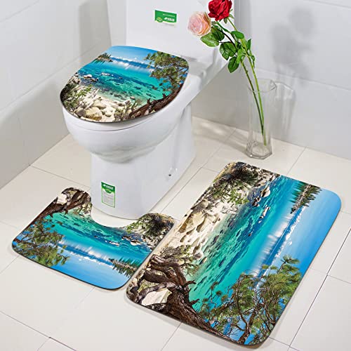 Rutschfeste Badematten 3 teiliges Set,Lake Tahoe Snowy Mountain Reflexion über klares Wasser Rocky Shore Romantis,Hohe Wasseraufnahme, weiche Mikrofaser, WC-Vorleger, WC-Sockelmatte, maschinenwaschbar von ORTHODRYL