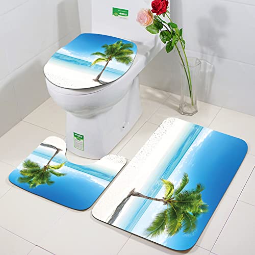 Rutschfeste Badematten 3 teiliges Set,Landschaft, Karibik Malediven Strand Insel Meer Ozean Palmen Kunstwerk druc,Hohe Wasseraufnahme, weiche Mikrofaser, WC-Vorleger, WC-Sockelmatte, maschinenwaschbar von ORTHODRYL