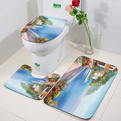 Rutschfeste Badematten 3 teiliges Set,Seestück, Haus und bunte Blumen Seestück im Sommer Ölgemälde Stil, Hellblau,Hohe Wasseraufnahme, weiche Mikrofaser, WC-Vorleger, WC-Sockelmatte, maschinenwaschbar von ORTHODRYL