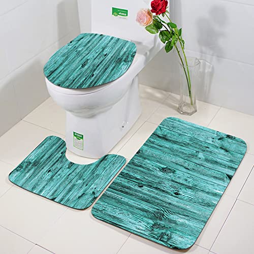 Rutschfeste Badematten 3 teiliges Set,Türkis Wand aus Türkis Holz Textur Hintergrund antike Holzmöbel kunstvollen,Hohe Wasseraufnahme, weiche Mikrofaser, WC-Vorleger, WC-Sockelmatte, maschinenwaschbar von ORTHODRYL