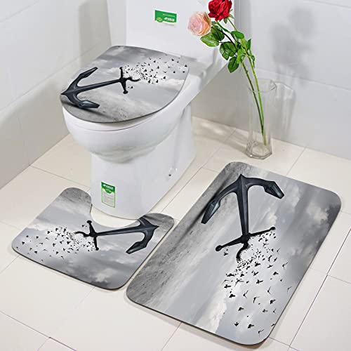 Rutschfeste Badematten 3 teiliges Set,Vögel, Anker verwandelt sich in eine Gruppe von fliegenden Vögeln Möwen für,Hohe Wasseraufnahme, weiche Mikrofaser, WC-Vorleger, WC-Sockelmatte, maschinenwaschbar von ORTHODRYL