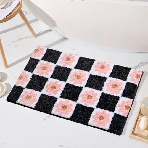ORTIGIA Badteppich, niedlich, schwarz, kariert, rosa Blumenmuster, weiche Mikrofaser, rutschfest, waschbar, saugfähig, Teppiche für Waschtisch, Bodendekoration, 50,8 x 81,3 cm ORTIGIA Badteppich, niedlich, schwarz, kariert, rosa Blumenmuster, weiche Mikrofaser, rutschfest, waschbar, saugfähig, Teppiche für Waschtisch, Bodendekoration, 50,8 x 81,3 cm von ORTIGIA
