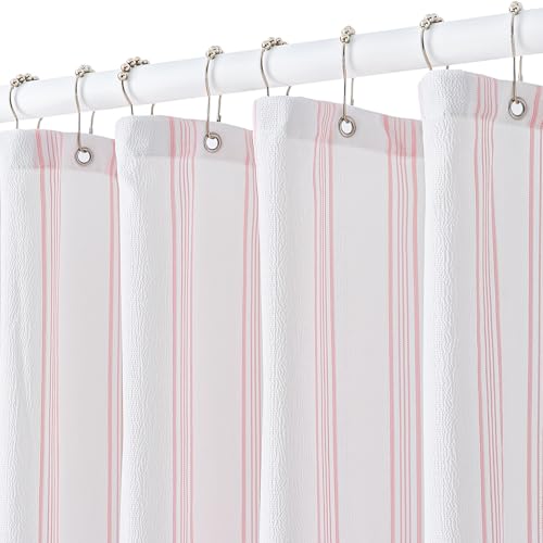 ORTIGIA Duschvorhang aus strukturiertem Stoff, rosa Streifen, 183 x 183 cm, Seersucker-Struktur, Badvorhang mit 12 Metallhaken, Blockdruck-Design für Bauernhaus-Badezimmer ORTIGIA Duschvorhang aus strukturiertem Stoff, rosa Streifen, 183 x 183 cm, Seersucker-Struktur, Badvorhang mit 12 Metallhaken, Blockdruck-Design für Bauernhaus-Badezimmer von ORTIGIA