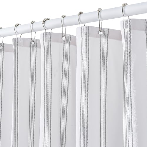 ORTIGIA Duschvorhang aus strukturiertem Stoff, schwarzer Streifen, 183 x 183 cm, Seersucker-Struktur, Badvorhang mit 12 Metallhaken, Blockdruck-Design für Bauernhaus-Badezimmer von ORTIGIA