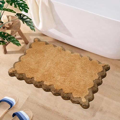 ORTIGIA Niedliche Badematte mit gewelltem Rand, lustiger Plüsch, Mikrofaser, braun, Badezimmerteppich, rutschfest, waschbar, schnell trocknend, saugfähig, Badteppich für Duschkabine, Waschtische von ORTIGIA