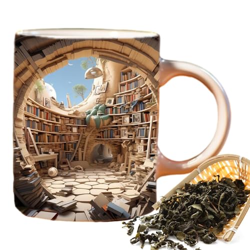 3D-Bücherregal-Tasse, Creative Space Design Mehrzweck-Keramikbecher, Doppelseitig bedruckte Bibliotheks Bücherregal Tasse, Geschenke für Leser, Buchliebhaber von ORTUH