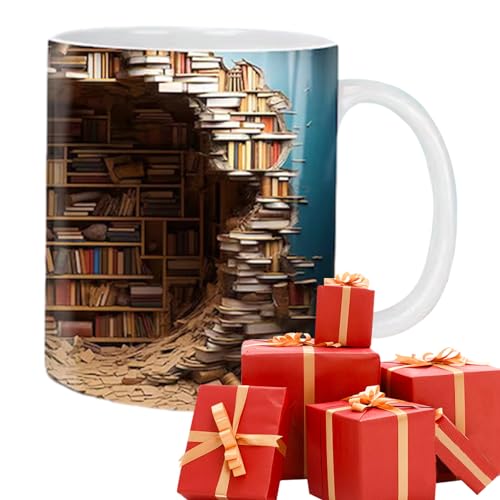 3D-Bücherregal-Tasse, Creative Space Design Mehrzweck-Keramikbecher, Doppelseitig bedruckte Bibliotheks Bücherregal Tasse, Geschenke für Leser, Buchliebhaber von ORTUH