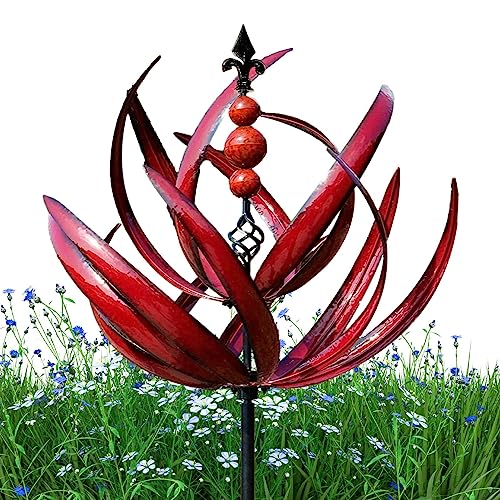 Metall Windrad 'Lotus', Windspiel aus Metall, 360-Grad-Drehung, großes Metall-Windspiel mit Pflock, Windspiel für Garten als Dekoration UV-beständig und wetterfest. von ORTUH