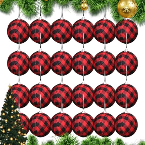 Weihnachtskugel-Ornamente mit Karomuster, 24 Stück Büffelkaro-Stoffkugeln, Weihnachtskugel-Ornamente mit Büffelkarostoff umwickelte Kugeln für die Weihnachtsfeier-Dekoration von ORTUH