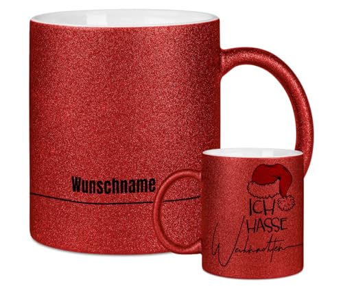 ORWO personalisierte Weihnachts-Glitzertasse mit Namen | 330 ml Tasse mit Glitzer und Wunschtext | Made in Germany | Hochwertige Keramik | Geschenkidee Weihnachten (Rot, Ich hasse Weihnachten) von ORWONet