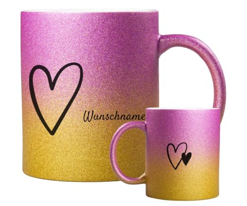 ORWONet ORWO – personalisierte Glitzertasse mit Namen | 330 ml Glitzer-Keramik-Tasse mit Spruch & Wunschnamen | Made in Germany | hochwertige Keramik (Pink-Gold, Hab' dich lieb) von ORWONet