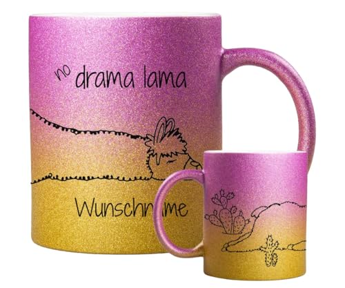 ORWONet ORWO – personalisierte Glitzertasse mit Namen | 330 ml Glitzer-Keramik-Tasse mit Spruch & Wunschnamen | Made in Germany | hochwertige Keramik (Pink-Gold, No Drama Lama) von ORWONet