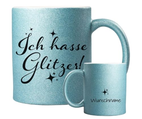 ORWONet ORWO – personalisierte Glitzertasse mit Namen | 330 ml Glitzer-Keramik-Tasse mit Spruch & Wunschnamen | Made in Germany | hochwertige Keramik (Hellblau, Ich hasse Glitzer) von ORWONet