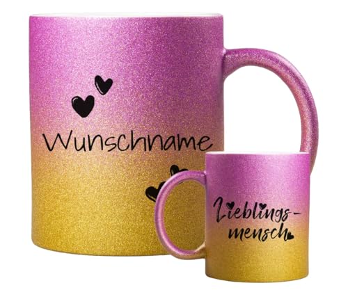 ORWONet ORWO – personalisierte Glitzertasse mit Namen | 330 ml Glitzer-Keramik-Tasse mit Spruch & Wunschnamen | Made in Germany | hochwertige Keramik (Pink-Gold, Lieblingsmensch) von ORWONet