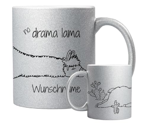 ORWONet ORWO – personalisierte Glitzertasse mit Namen | 330 ml Glitzer-Keramik-Tasse mit Spruch & Wunschnamen | Made in Germany | hochwertige Keramik (Silber, No Drama Lama) von ORWONet