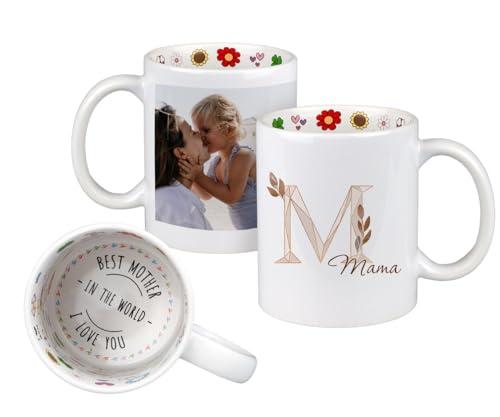 ORWO – zum Muttertag Tasse mit Foto personalisieren | für Mama: Tasse auf der Innenseite mit bunten Motiven | Boden mit Botschaft | personalisiertes Muttertagsgeschenk | M mit Foto von ORWONet
