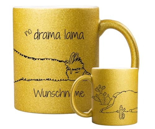 ORWONet ORWO – personalisierte Glitzertasse mit Namen | 330 ml Glitzer-Keramik-Tasse mit Spruch & Wunschnamen | Made in Germany | hochwertige Keramik (Gold, No Drama Lama) von ORWONet
