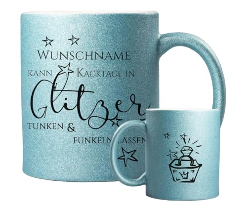 ORWONet ORWO – personalisierte Glitzertasse mit Namen | 330 ml Glitzer-Keramik-Tasse mit Spruch & Wunschnamen | Made in Germany | hochwertige Keramik (Hellblau, Kacktage funkeln) von ORWONet