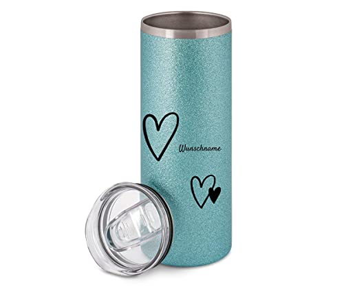 ORWONet ORWO – Glitzer-Thermobecher mit Namen bedrucken | Isolierbecher 580 ml | verschiedene Designs | 21,0 x Ø 7,0 cm | Heiß- & Kaltgetränke | Travel Mug (Hellblau, Hab' dich lieb) von ORWONet