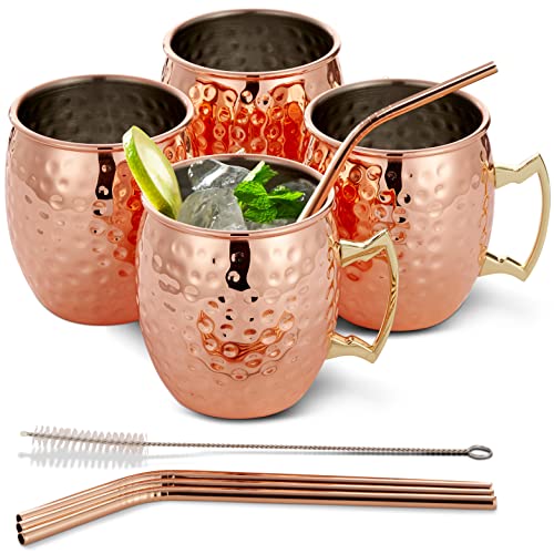 Oak & Steel - 4 Set Premium Moscow Mule Becher Geschenkset - 4 Kupferbecher (550ml), 4 Metallstrohhalme & 1 Reinigungsbürste - Cocktail & Kalte Getränke - Unzerbrechlich von OS Oak & Steel ENGLAND