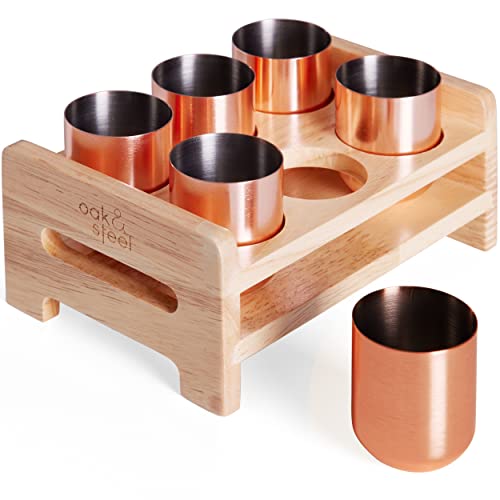 Oak & Steel - 6 Roségold Schnapsgläser aus Edelstahl mit Schnapsbrett aus Holz (50ml) - Kupfer Unzerbrechliche Shotgläser - Geschenkset für Weihnachten von OS Oak & Steel ENGLAND