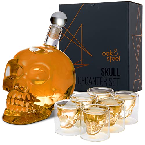 Oak & Steel - Whisky Karaffe Geschenkset für Männer - Totenkopf Dekanter (700ml) mit 6 Schnapsgläsern (75ml) - Valentinstag, Vatertag, Geburtstag, Weihnachten von OS Oak & Steel ENGLAND