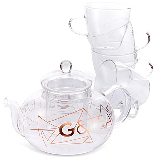 Oak & Steel - G & Tea Cocktail Teekanne (800ml) aus Glas mit Teesieb & 4 Teetassen Geschenkset für Losen Tee & Teeblumen von OS Oak & Steel ENGLAND