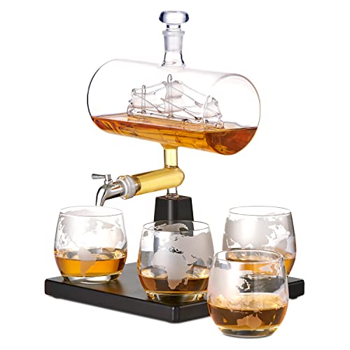 Oak & Steel - Whisky Dekanter, Schiff Karaffe (1000ml) mit Edelstahlhahn & 4 Whiskygläser - Valentinstags Geburtstags & Vatertags Geschenkset für Männer von OS Oak & Steel ENGLAND