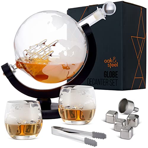 Oak & Steel - XL Premium Globus Whisky Dekanter Set mit Weltkarte, 1500ml - Karaffe mit 2 Gläser, 4 Whiskey Steine & Mehr - Geschenkset für Weihnachten von OS Oak & Steel ENGLAND