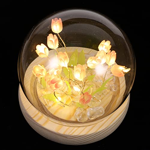 OSALADI 1 Set Künstliche Tulpen Blumen Gefälschter Künstlicher Tulpenstrauß In Kuppelglas Mit Led-Licht Holzsockel Tulpennachtlampe Atmosphäre Nachtschlafzimmerlampe Rosa von OSALADI