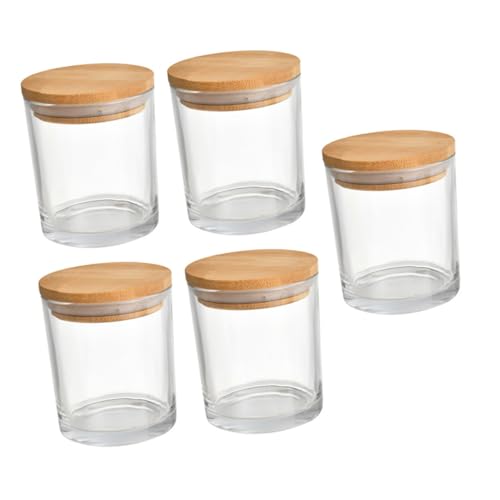 OSALADI 5 Sätze Transparente Glas Kerzengläser mit Bambusdeckel Luftdicht Verschließbar Vielseitig für Aromatherapie DIY Kerzenherstellung Gewürz und Trockenpulveraufbewahrung Langlebig von OSALADI
