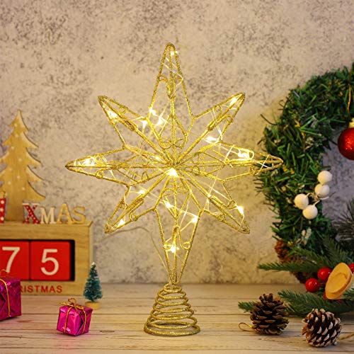 OSALADI Beleuchteter Stern für Weihnachtsbaumspitze beleuchtet – 8 Spitzen – Lichterkette – aus Eisen – Goldfarben von OSALADI