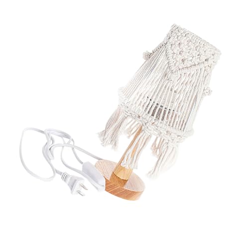 OSALADI Kleine Tischlampe Dekoration Boho Nachttischlampe Handgewebte Lampe Tischlampe Handgewebte Nachtlichtlampe Strick Nachttischlampe Heimlampe Holz Weiß von OSALADI
