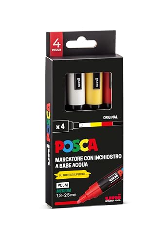 Posca - UniPosca Set mit 4 verschiedenen Acrylstiften, Original Sorten mit runder Spitze 1,8-2,5 mm - Farben für Kinder und Künstler Uni Gültig wie Farben für Stoffe, Holz, Glas und andere von POSCA