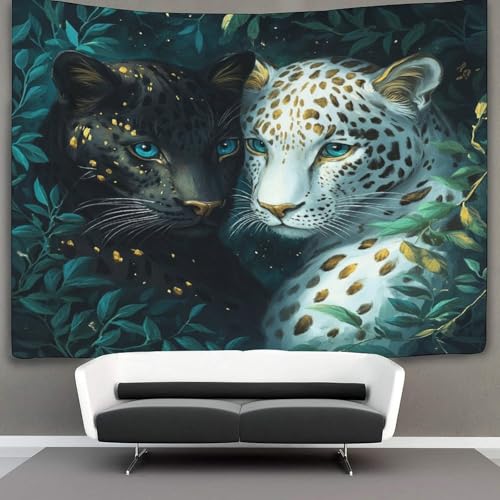 OSBELE Fantasy Art Stil Tapisserie Schwarzer Panther And White Panther Wandteppich Wandbehang Für Schlafzimmer Wohnzimmer Schlafsaal 180cmx230cm von OSBELE