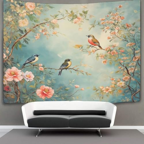 OSBELE Frühlingsszene Tapisserie Blumen, Vögel Wandteppich Wandbehang Für Schlafzimmer Wohnzimmer Schlafsaal 130cmx150cm von OSBELE