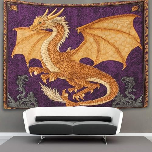 OSBELE Golden Drache Tapisserie, 3D mittelalterlicher Stil Wandbehang Wandtuch Tagesdecke Bettdecke Für Schlafzimmer Wohnzimmer Wohnheim 130cmx150cm von OSBELE