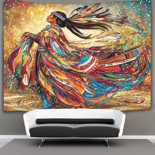 OSBELE Indian Frauen Wandbehang Tapisserie,Wandteppich Traditioneller Indianer-Stammestanz Wanddeko Für Schlafzimmer Wohnzimmer Wohnheim 150cmx200cm von OSBELE