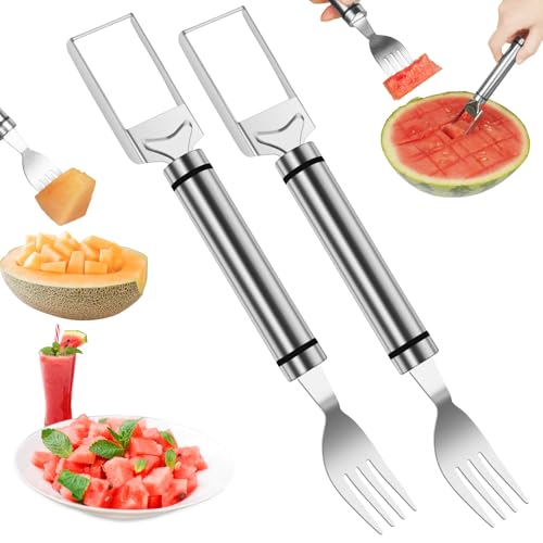OSDUE 2 in 1 Wassermelonen Gabel Schneider, 2024 Neue Wassermelonen Schneider Gabeln, Obstschneider aus Edelstahl, Wassermelonenschneider-Gabel, Doppelkopf Fruchtgabeln Schneidemesser, 2PCS von OSDUE