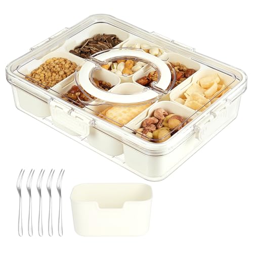 OSDUE Snack Box, Snackbox mit 8 Fächern, Snackschale mit Deckel und Griff, Transparente Snackteller, Snackteller mit fächern, für Candy Veggie Keks Nüsse Obst, Snack Box für Party, Picnic, mit 5 Gabel von OSDUE