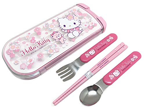 OSK Pic-Nic Besteckset für Brotdose, Gabel, Löffel, Essstäbchen in verschiebbarer Transportbox, Made in Japan, Hello Kitty, rosa Kirschblüten CT-20 von OSK