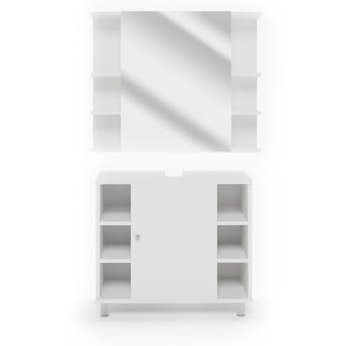 Vicco Badmöbel-Set Weiß Fynn, bestehend aus Waschbeckenunterschrank, Bad Spiegelschrank - Offene und geschlossene Fächer für Flexible Aufbewahrung von Vicco