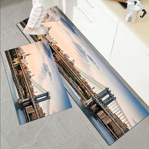 Küchenläufer Küchenmatte 2 Stück 45x70cm+45x120cm,NYC, Manhattan Bridge und die New Yorker Skyline bei Sonnenuntergang E,Rutschfest Pflegeleicht, Anti-Müdigkeit Küchenteppich Teppich Läufer für Küche von OSKOE