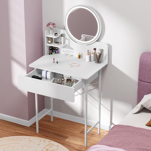 OSKOPWRC Kleiner Schminktisch, weiß, mit LED-beleuchtetem Spiegel, Schminktisch, Schublade, offene Regale, verstellbare Helligkeit, elegant für Frauen, klein, weiß von OSKOPWRC