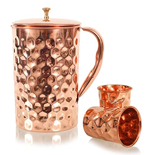 1,5 Liter Kupferkrug mit 2 Glas-Wasserkrug Kupfer für Ayurveda-Heilung, kein Innenfutter, Kupferkrug Gefäß, Ayurveda-Krug für Trinkwasser, Moscow Mule, Cocktail (Design 01) von OSNICA